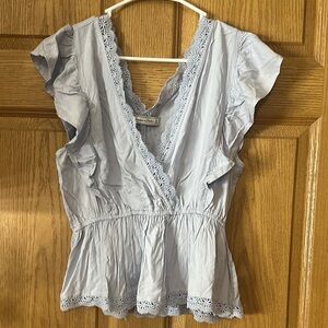 Abercrombie & Fitch White and Gray Flutter Sleeve Wrap Blouse